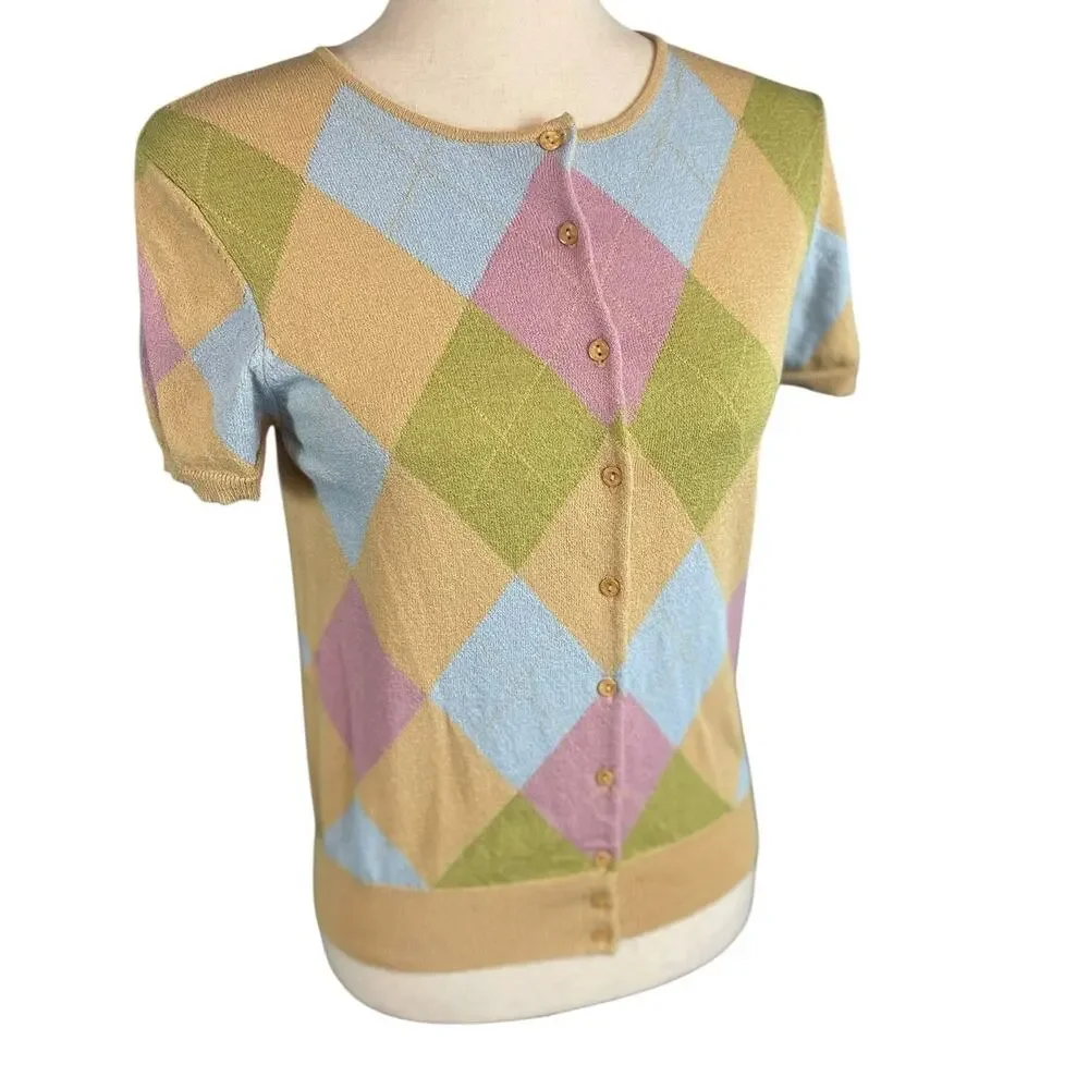 White + Warren Argyle Knit Cardigan Grandmillennial Coquette Preppy Medium